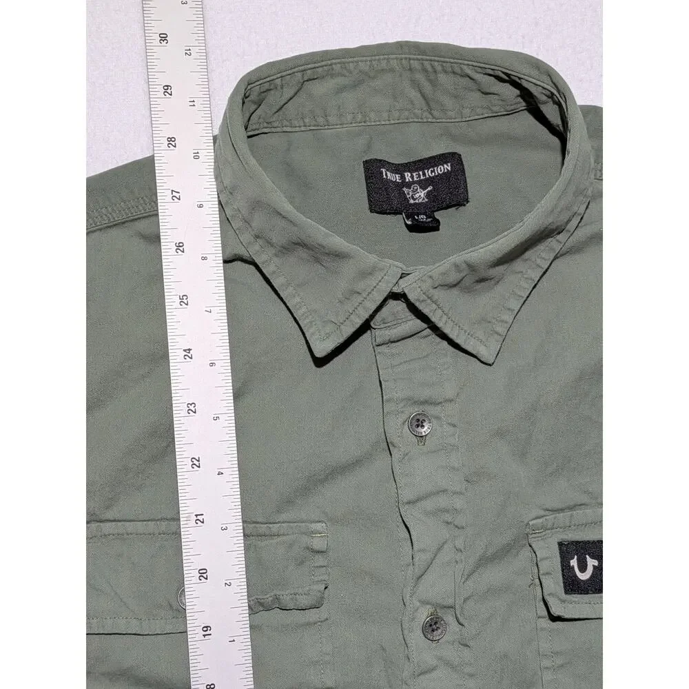 True Religion Green Button Up Work Shirt Large Long Sleeve Horseshoe Logo Cotton
